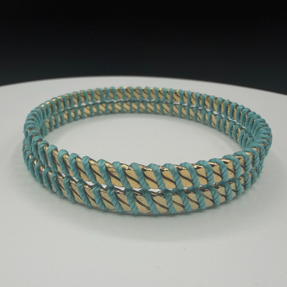 Turquoise Tone Blue Cord Gold Tone Double Row Bangle Bracelet Boho Statement